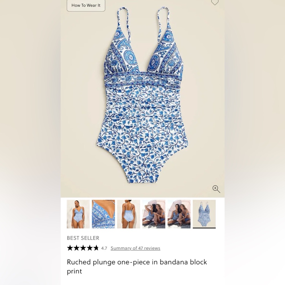 J. Crew Blue and White Leaf Print Swimsuit. Ruched fit
